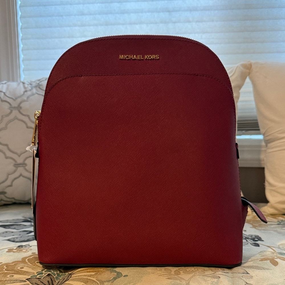 Michael Kors Burgundy Saffiano Leather Backpack with Gold Hardware